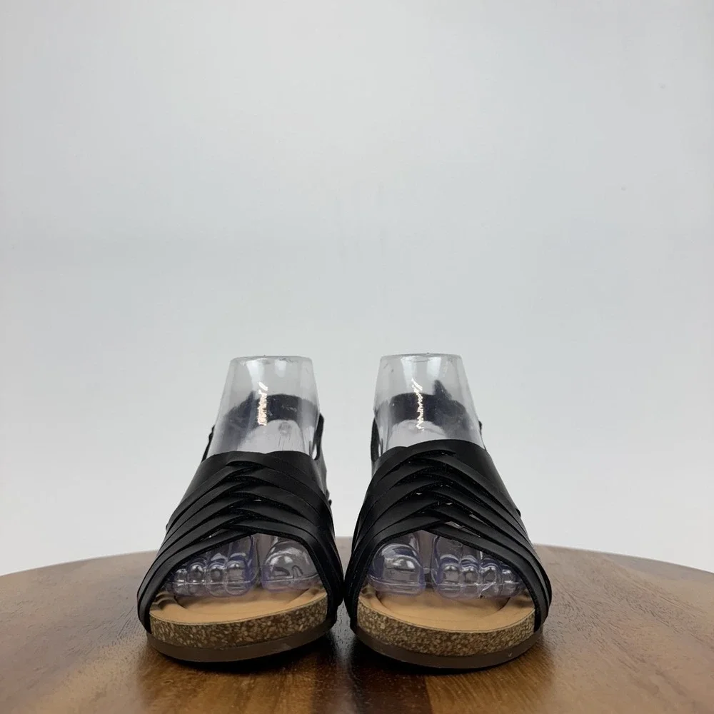 New Womens Earth Hartie Black Leather Strappy Slingback Wedge Sandals Size 6.5 M